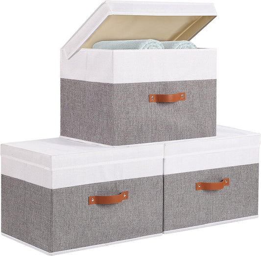 Fabric Storage Bins with Lids, 3 Pack Linen Foldable Cloth Baskets, 15 x 9.8 x 9.8 Inch Closet Organizer Containers with Double Handles, Sweater Boxes for Bedroom, White and Grey