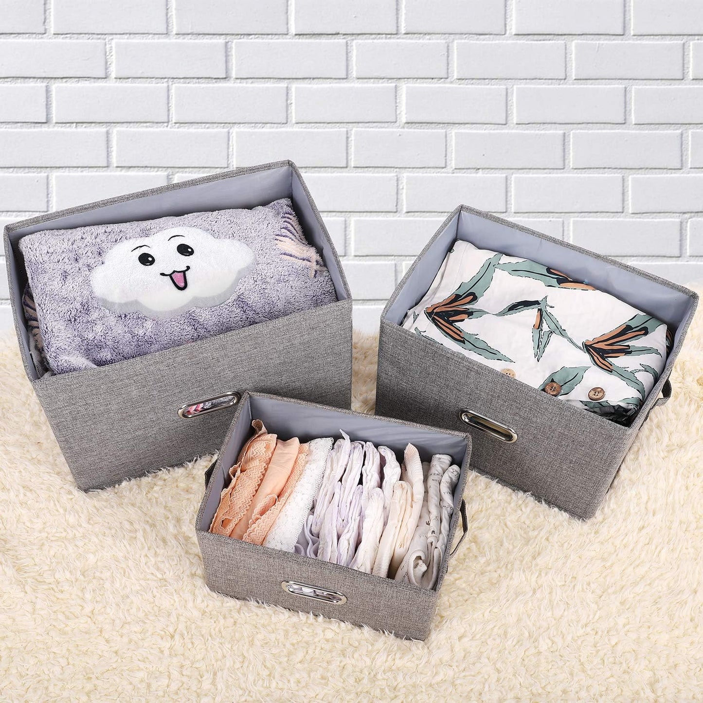 Large Linen Collapsible Storage Bins with Removable Lids and Handles, Washable Storage Box Containers Baskets Cube with Cover for Bedroom,Closet,Office,Living Room,Nursery (Coffee, Large)