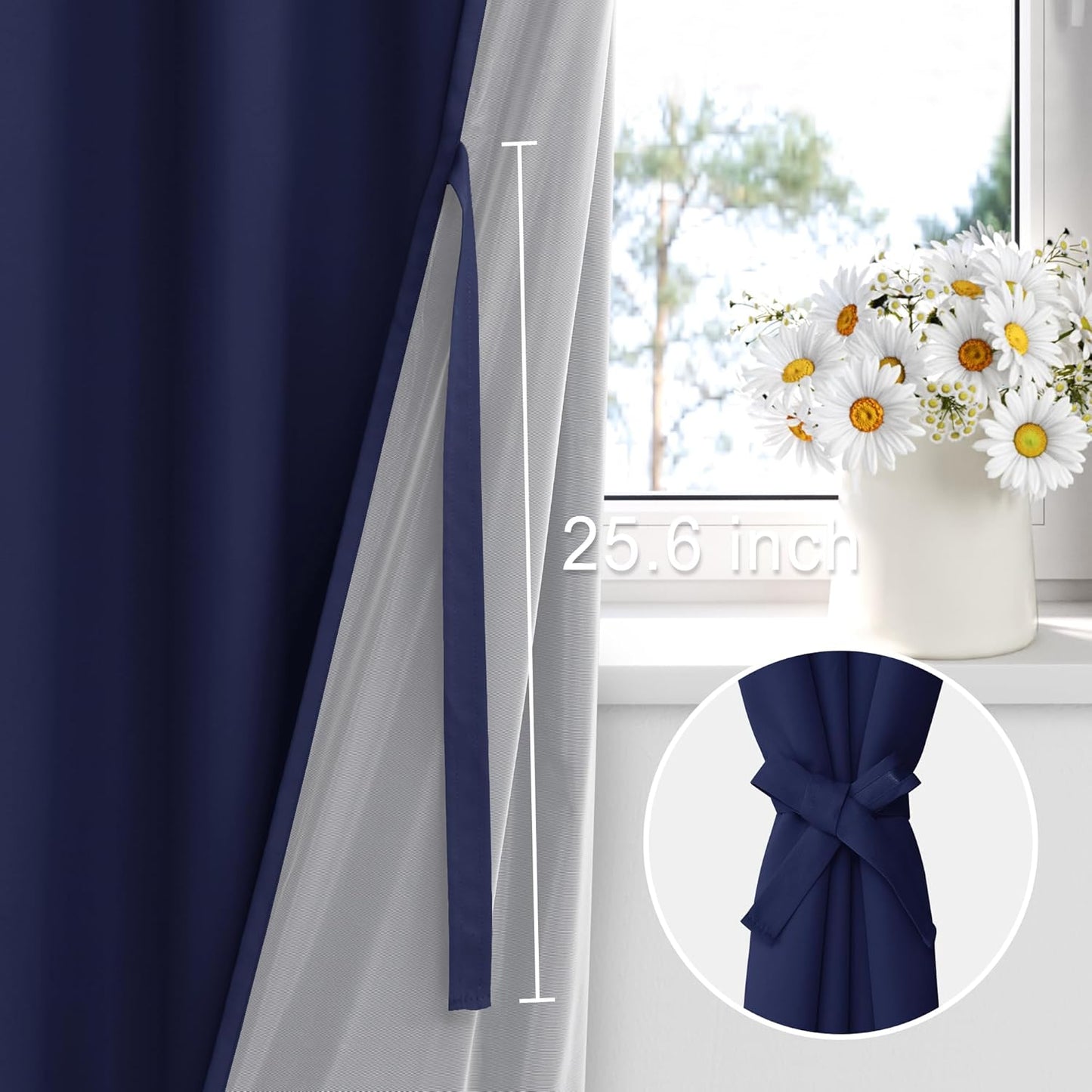 XWZO 100% Blackout Curtains with Tiebacks- Thermal Insulated Black Liner Curtains, Noise Reducing and Heat Blocking Rod Pocket Drapes for Hall and Studio Windows, Navy Blue, W52 x L95, Set of 2