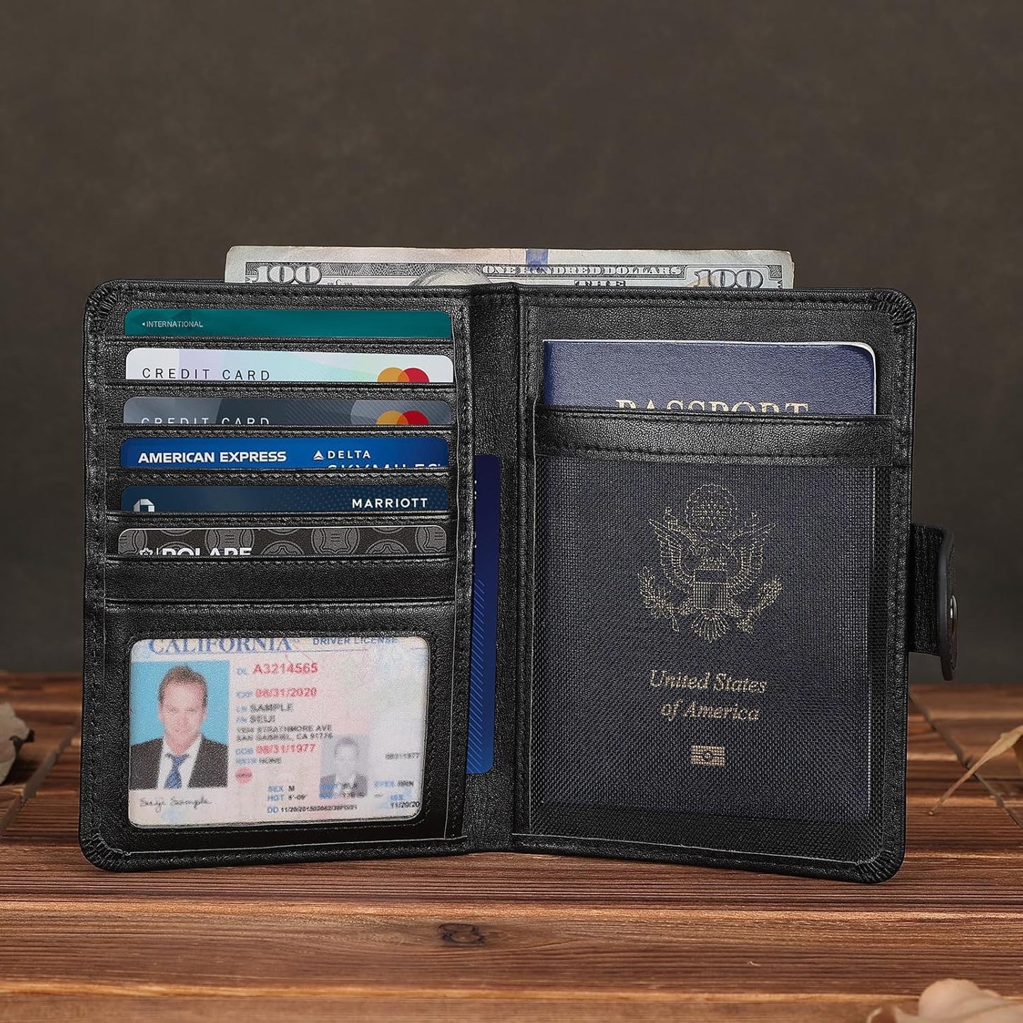 Polare Luxury RFID Blocking Leather Passport Holder Travel Wallet For Men and Women (Black with AirTag Slot(Snap Version))