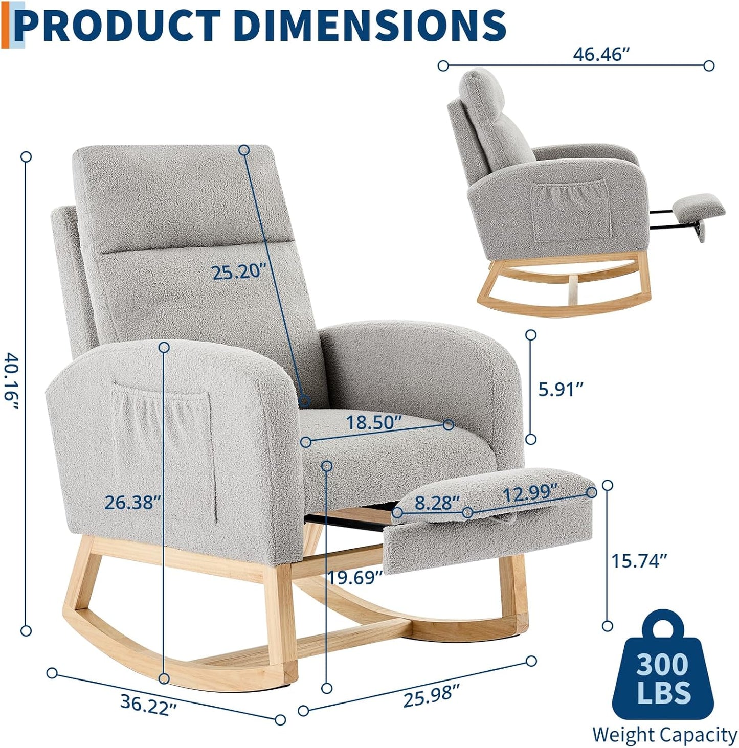 Rocking Chair Nursery, Nursing Rocking Chairs with Foot Rest for Mom Nursery, Rocker Glider Chair with High Backrest for Living Room, Bedroom, Upholstered Lounge Chair with Solid Wood Base for Relaxin