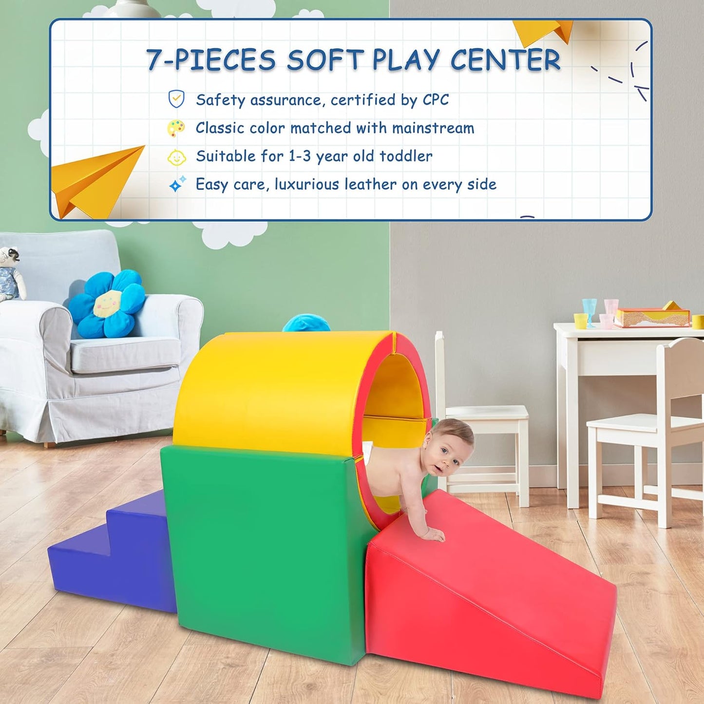 Tunnel/Ramps Foam Climber, Climb & Crawl Foam Activity Play Set for Toddlers and Kids, Safe Indoor Crawling Gym Equipment for,Infant,Baby Waterproof Easy to Clean