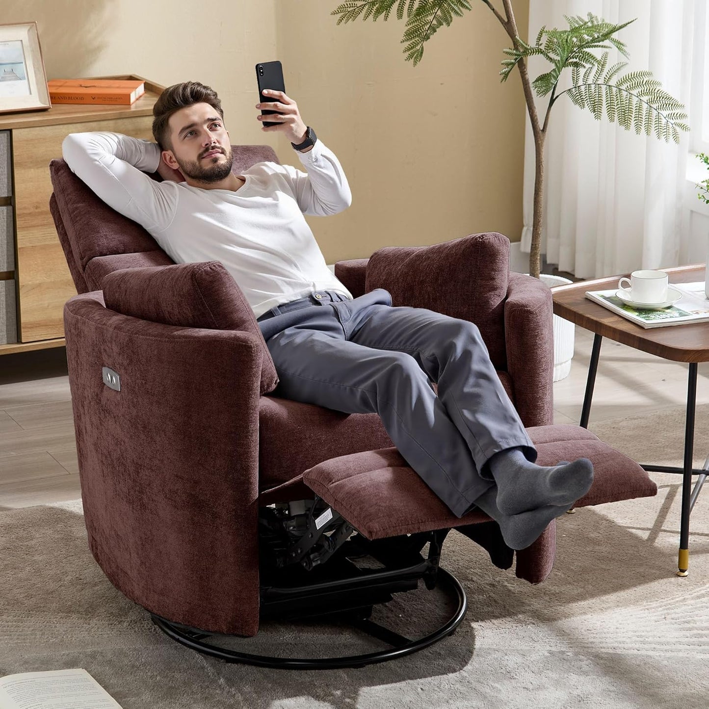 Power Swivel Glider Rocking Recliner,Electric Recliner Upholstered Nursery Chair Adult Rocking Chair with 2 Pillows for Living Room Bedroom(Coffee, Power-Driven)