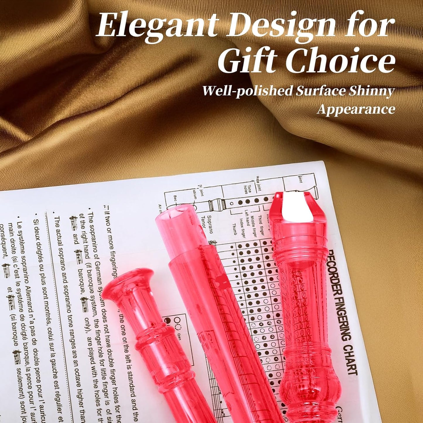 Soprano Recorder Instrument for Kids Beginners Student German Fingering C Key Recorder Instrument 3 Piece with Cleaning Rod and Bag Fingering Chart(Crystal Pink)