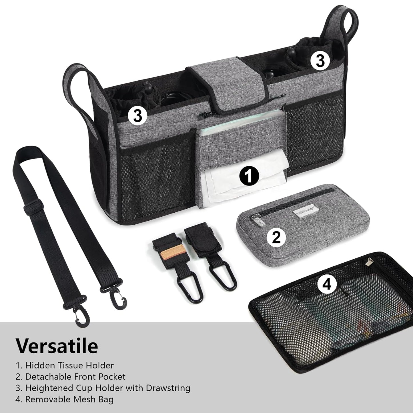 TOPDesign Universal Baby Stroller Organizer, Double Stroller Caddy with Detachable Mesh Bag & Heightened Insulated Cup Holders & Non-Slip Secure Hooks Accessories, Fits Most Strollers (Checkerboard)