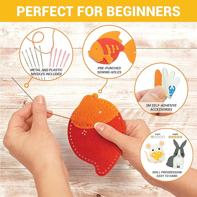 Craftorama Sewing Kit for Kids, Fun and Educational Pets Craft Set for Boys and Girls Age 7-12, Sew Your Own Felt Animals Craft Kit for Beginners, 165 Piece Set