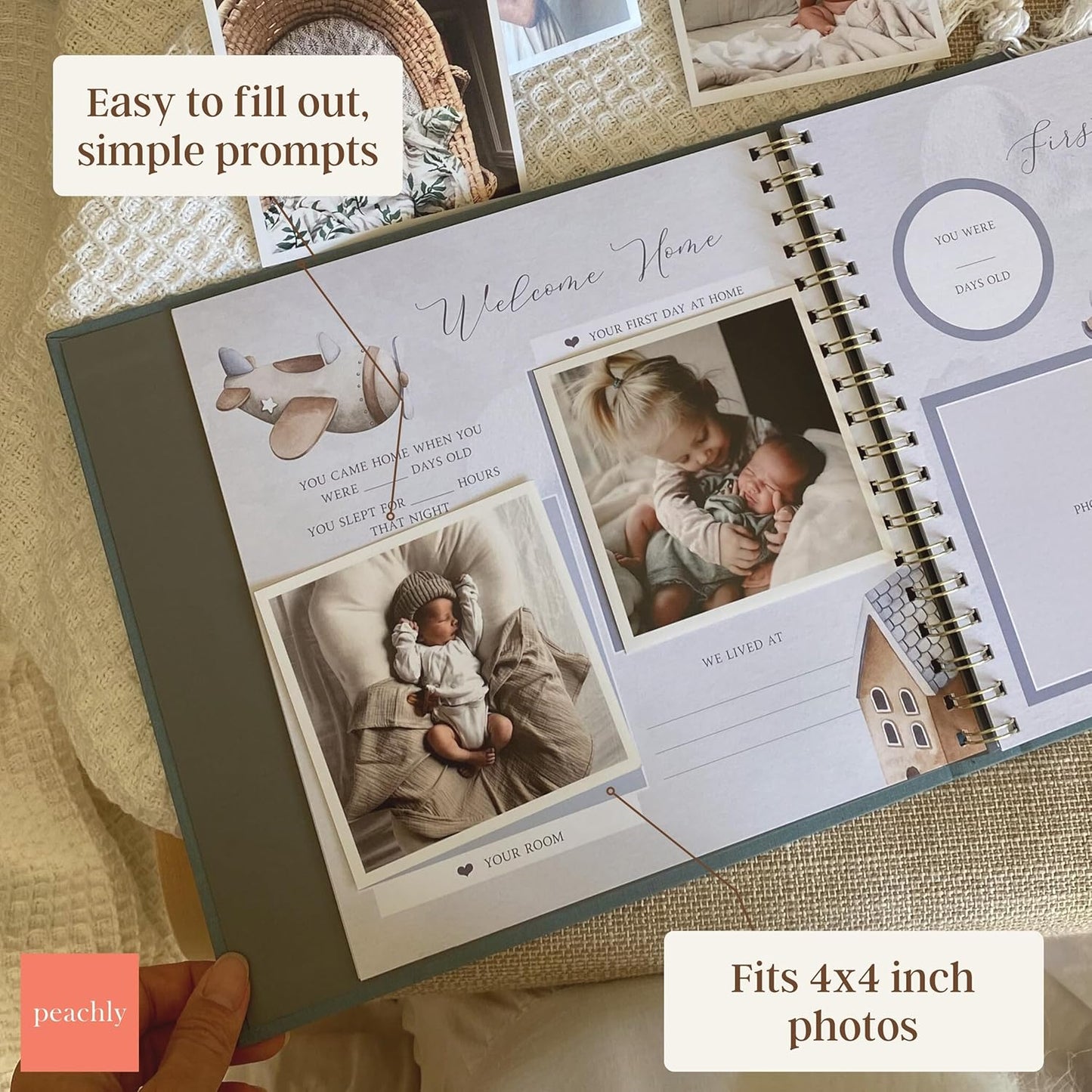 Peachly Baby Boy Memory Book - Baby Book for Boy - Baby First Year Keepsake Journal - Simple Scrapbook for Milestones - Finn (Blue)