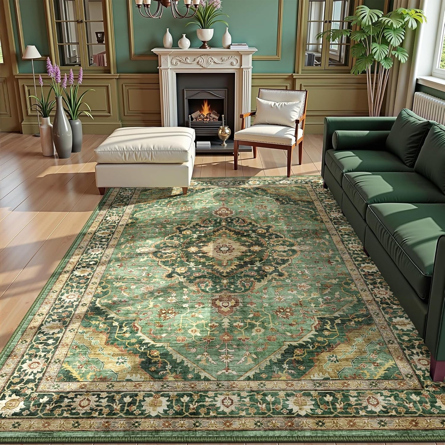 Green Rug 5x8 Area Rugs for Bedroom Washable Rugs Boho Vintage 5x8 Rug for Living Room Carpet Non-Slip Family & Pet Friendly Print Floor Rug(Border Green)
