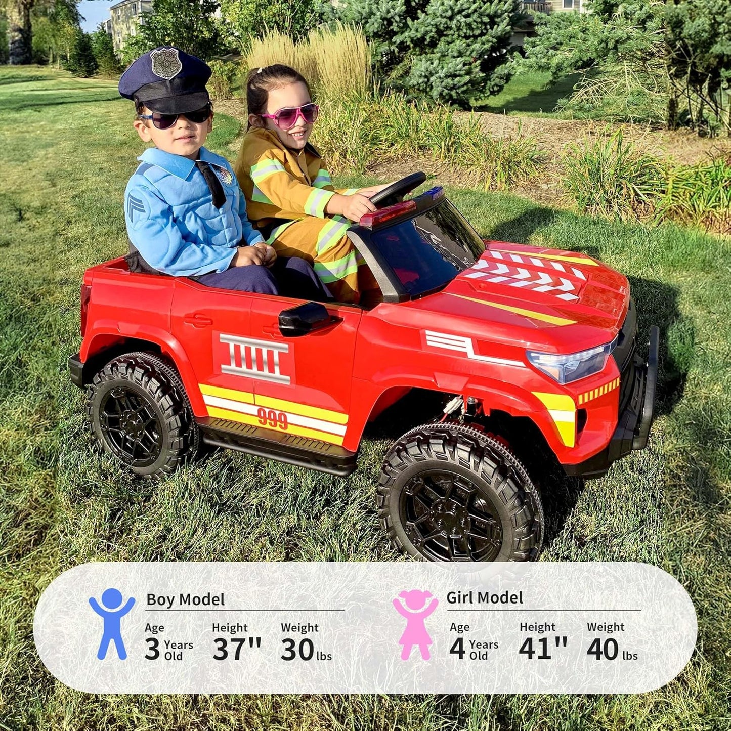 12V 7Ah Electric Fire Truck Ride-On Toy for Big Kids, 2 Seater Kids Ride on Car SUV w/Remote Control, Bluetooth - Red