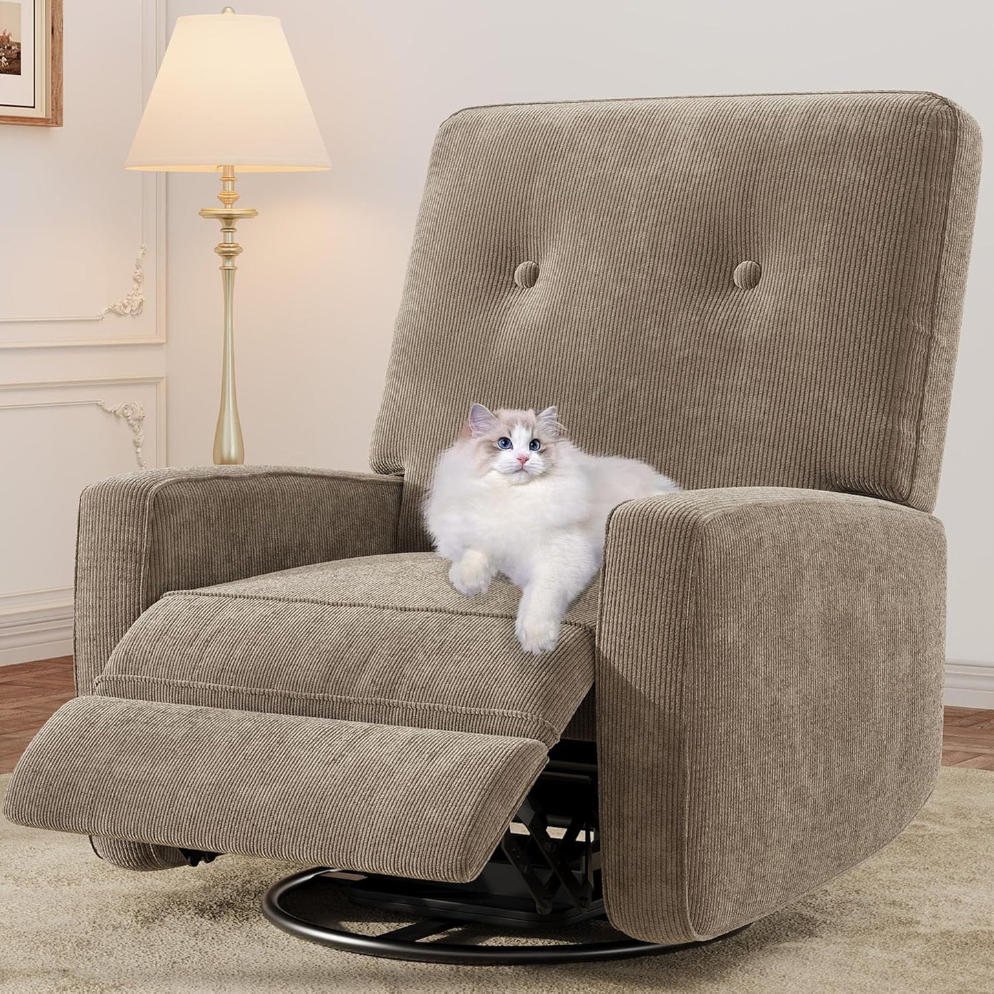 Recliner Chairs, Swivel Rocker Recline, Glider Recliner Nursery Chair, Recliner Chair for Adults, 360° Swivel Glider Rocking Chair for Living Room, Bedroom, Office, RV, Corduroy, Khaki