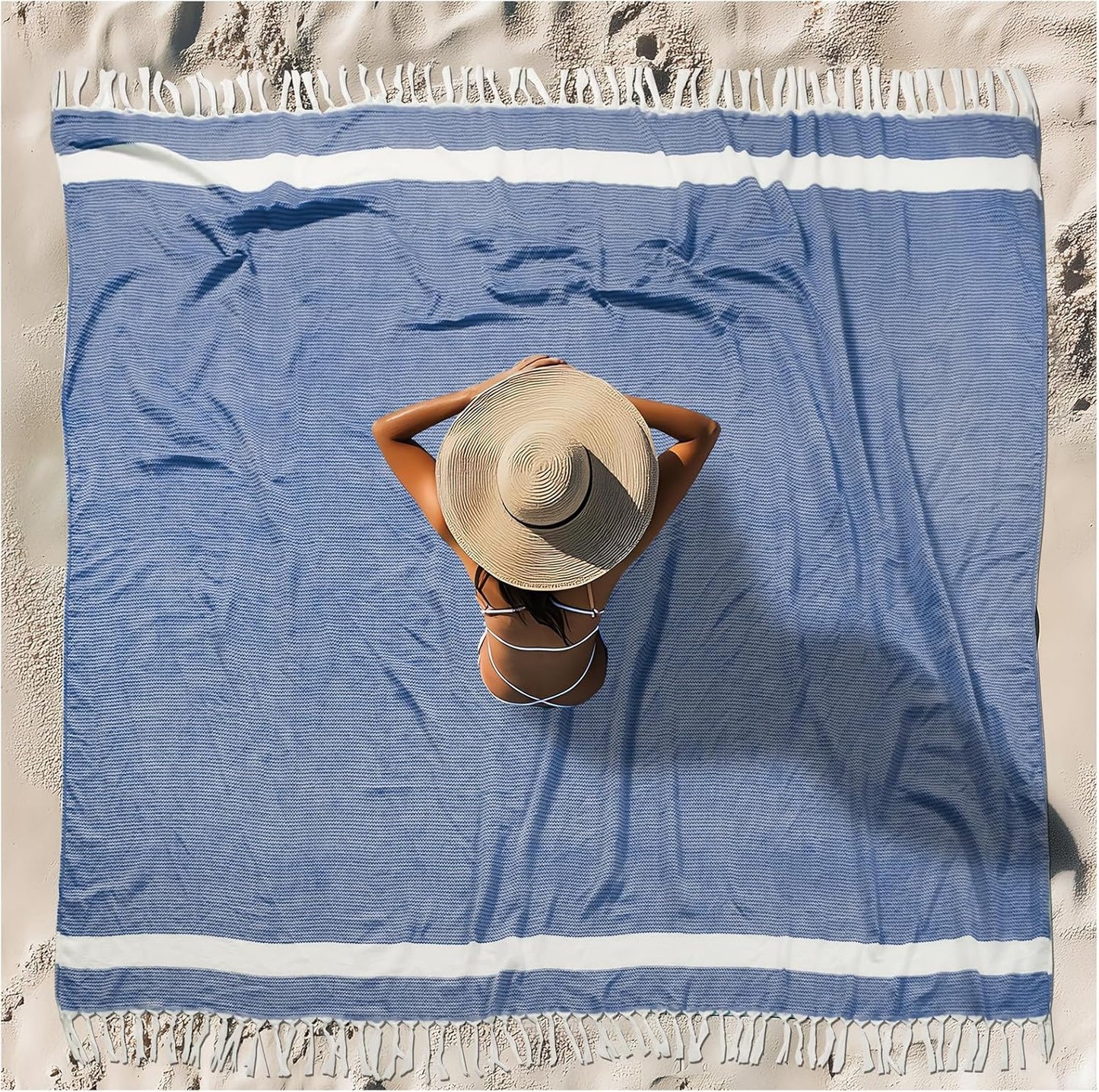 Oversized Turkish Beach Towel Blanket XXL Cotton Sandproof Towels Boho Woven Extra Large Big Sand Free Giant Throw Thick Blankets Huge Quilt XL Picnic Camping Necessities Cloud For Adult Gifts Blue