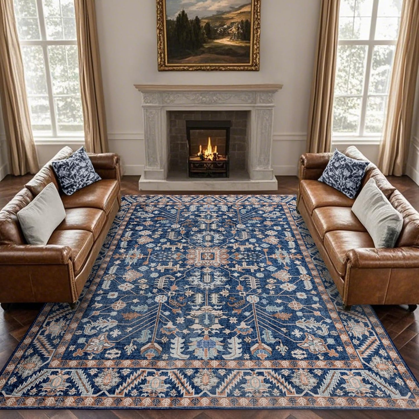 9x12 Area Rug Washable: Oriental Soft Area Rug for Living Room Bedroom No Shedding - Low Pile Thin Carpet Rug for Dining Room Non Slip - Boho Vintage Rug for Home Decor - Navy Blue