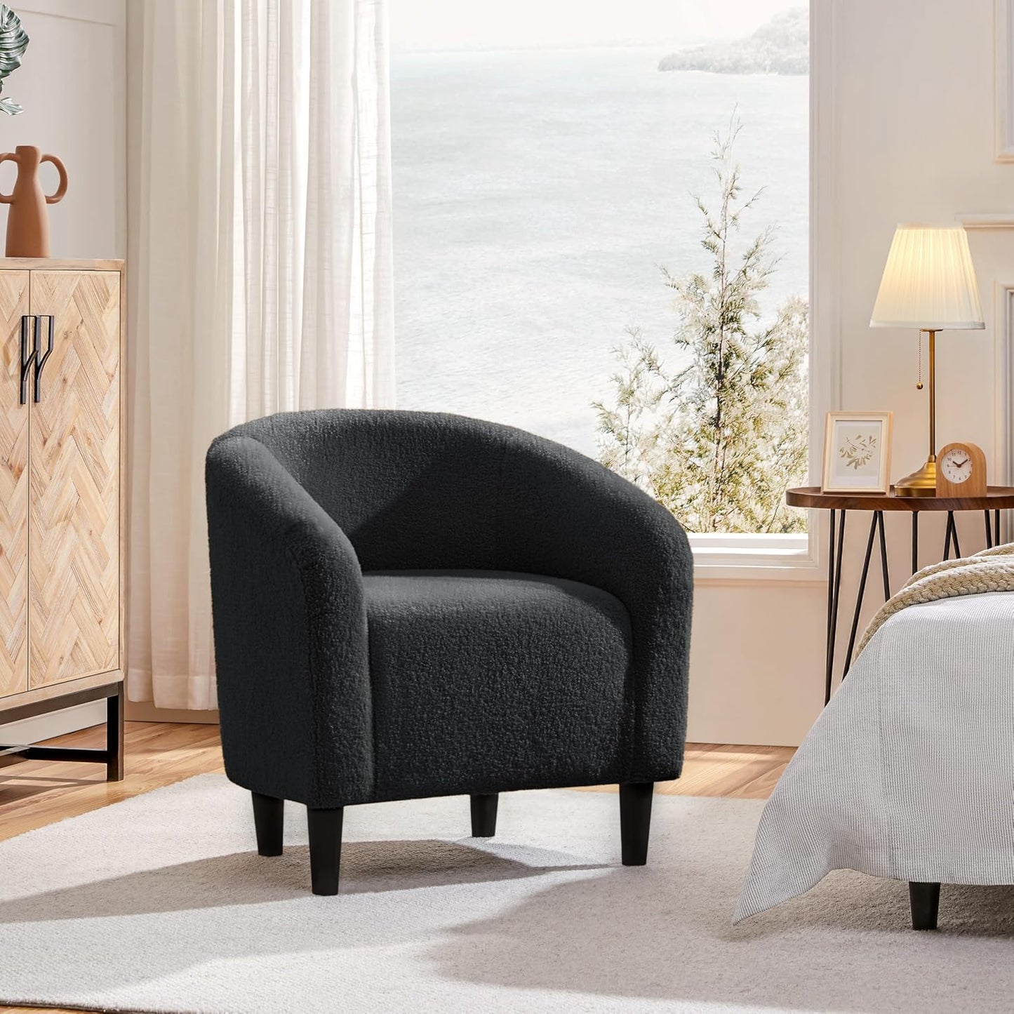 Yaheetech Accent Barrel Chair, Boucle Fabric Club Chair, Furry Sherpa Elegant Armchair with Cozy Soft Padded, Suitable for Living Room Bedroom Reception Room Office, Dark Gray