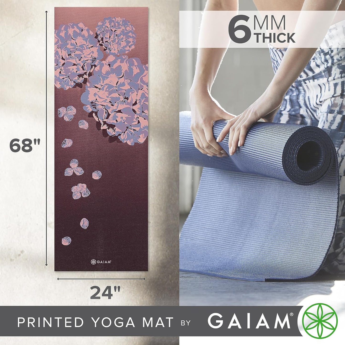 Gaiam Yoga Mat - Premium 6mm Print Extra Thick Non Slip Exercise & Fitness Mat for All Types of Yoga, Pilates & Floor Workouts (68"L x 24"W x 6mm Thick)