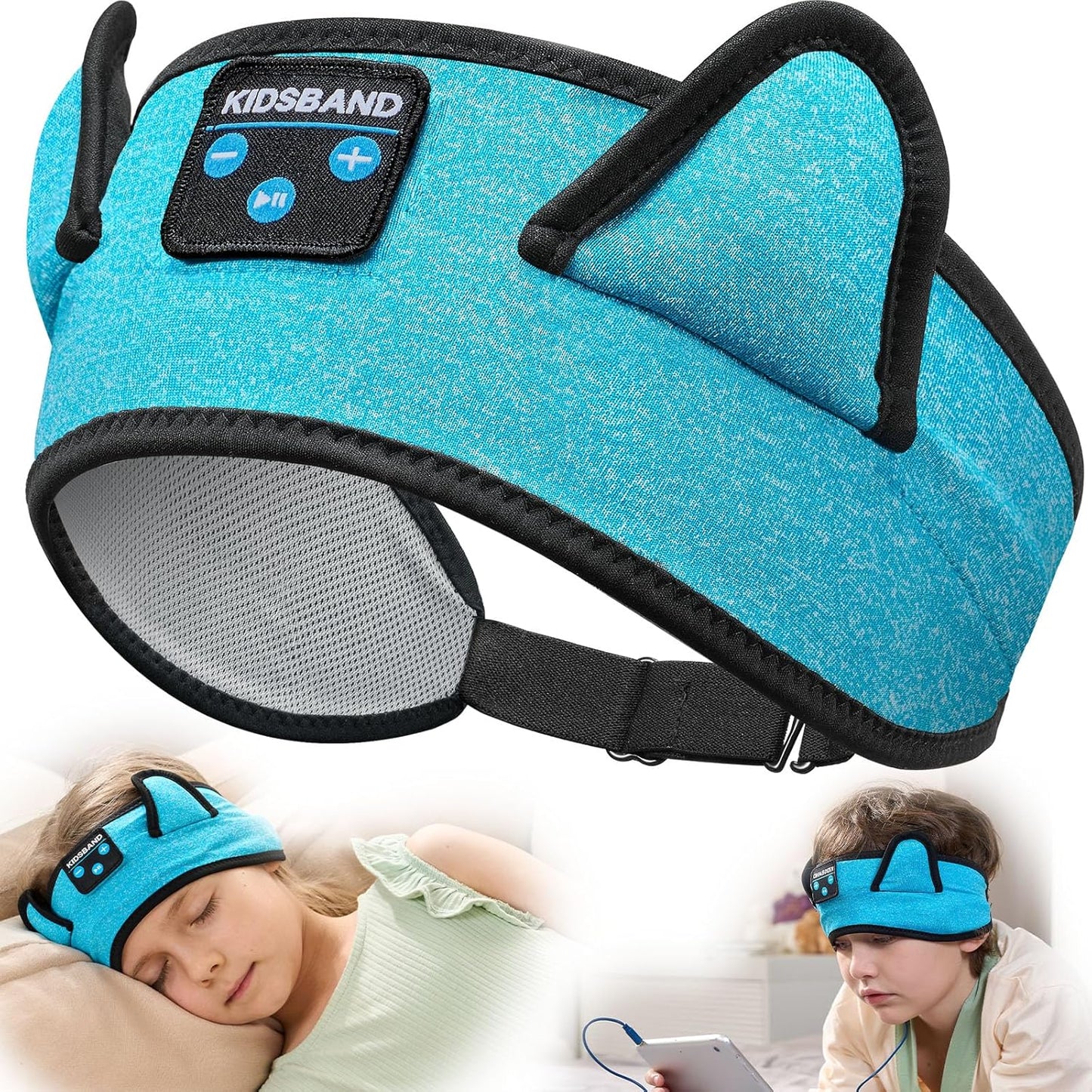 KIDSBAND Kids Headphones, Toddler/Baby Bluetooth Headband, Wireless Sleep Headphones for Kids with Wired Playback 3.5 MM Jack for Teens/Boys/Girls/School/Kindle/Airplane Travel/Plane/Tablet