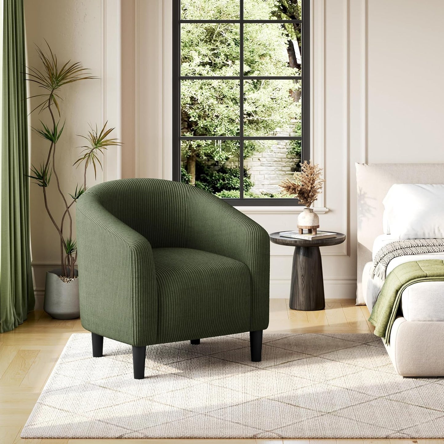 Yaheetech Accent Barrel Chair, Corduroy Fabric Club Chair, Furry Sherpa Elegant Armchair with Cozy Soft Padded, Suitable for Living Room Bedroom Reception Room Office, Dark Green