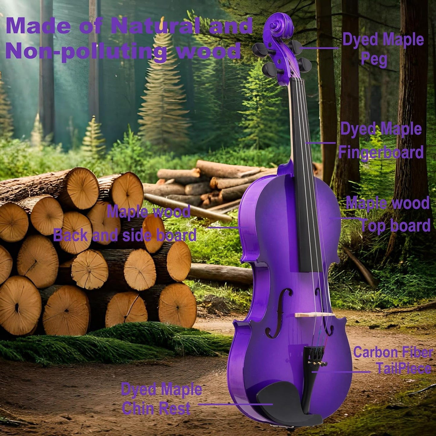 4/4 Full Size Fiddle Purple Colored Premium Violin Outfit for Beginners Adults Kids With 5 Color Fingering Tape- Handcrafted Student Beginner Violin. (Purple, 4/4 Full)