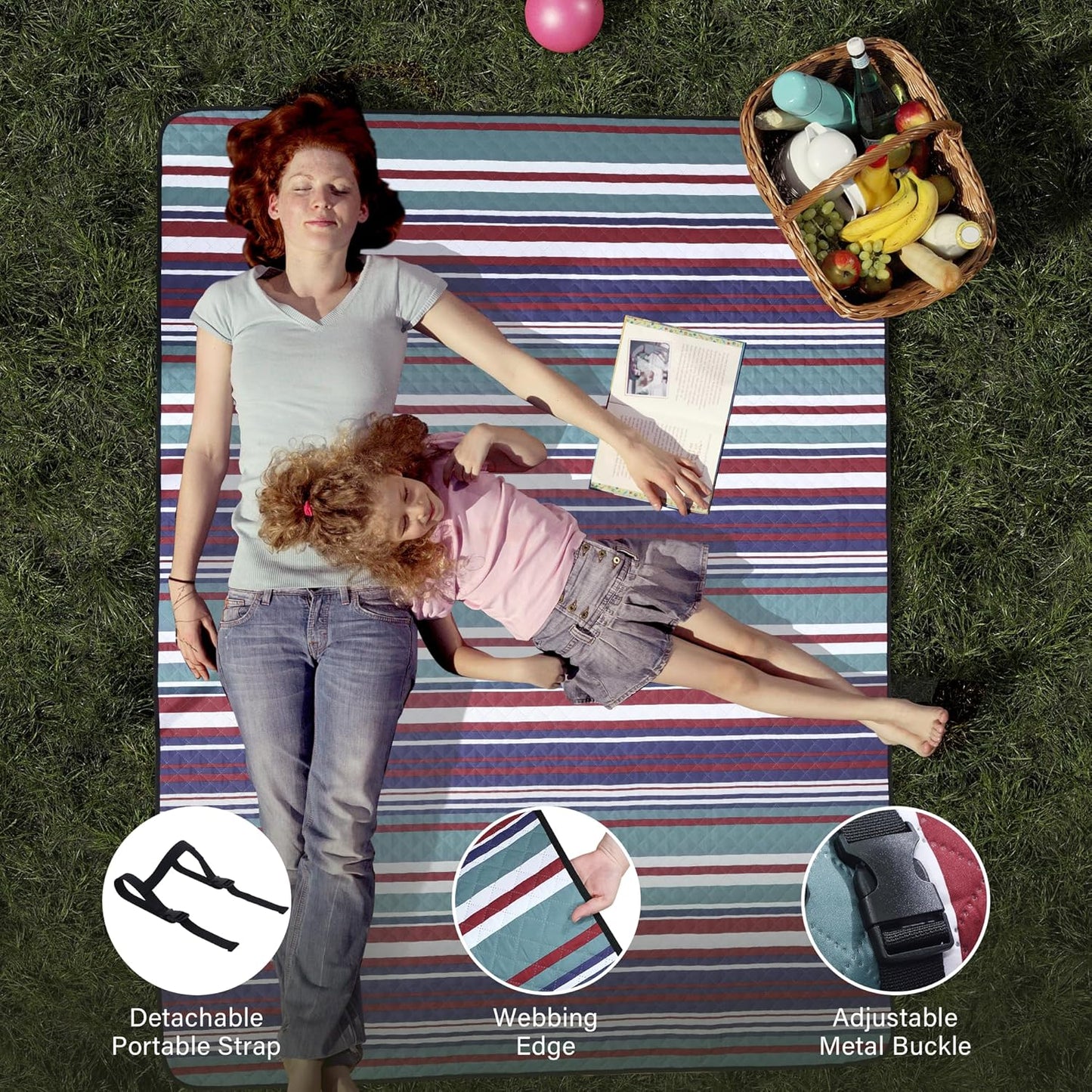 HX&OD Large Picnic Blanket Outdoor 80”x60” Waterproof Picnic Mat Foldable 3-Layer Camping Blanket Portable with Carry Strap Park Blanket for Grass(Red)