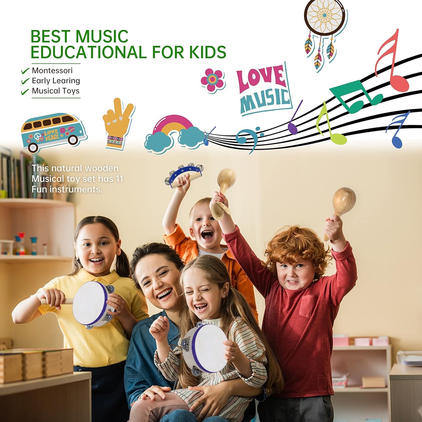 Musical Instruments , Natural Eco-Friendly Wooden Percussion Set Gift with Storage Box and Drawstring Backpack Bag-Improving Creativity and Coordination for Toddlers, Kids.