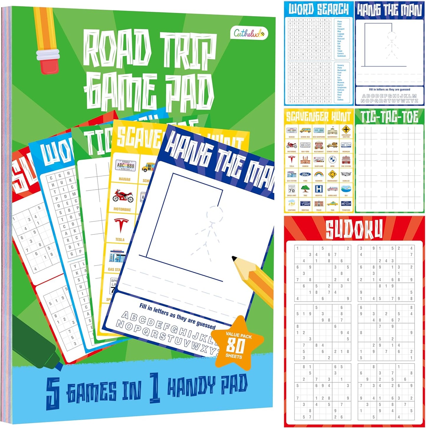 Road Trip Game Pad, 80 Perforated Sheets Travel Activity Pad, 5 Games in 1 Pad, Plane, Car Trip Activity, Pen Pencil & Paper Game for Kids, Adults (6” x 9”)