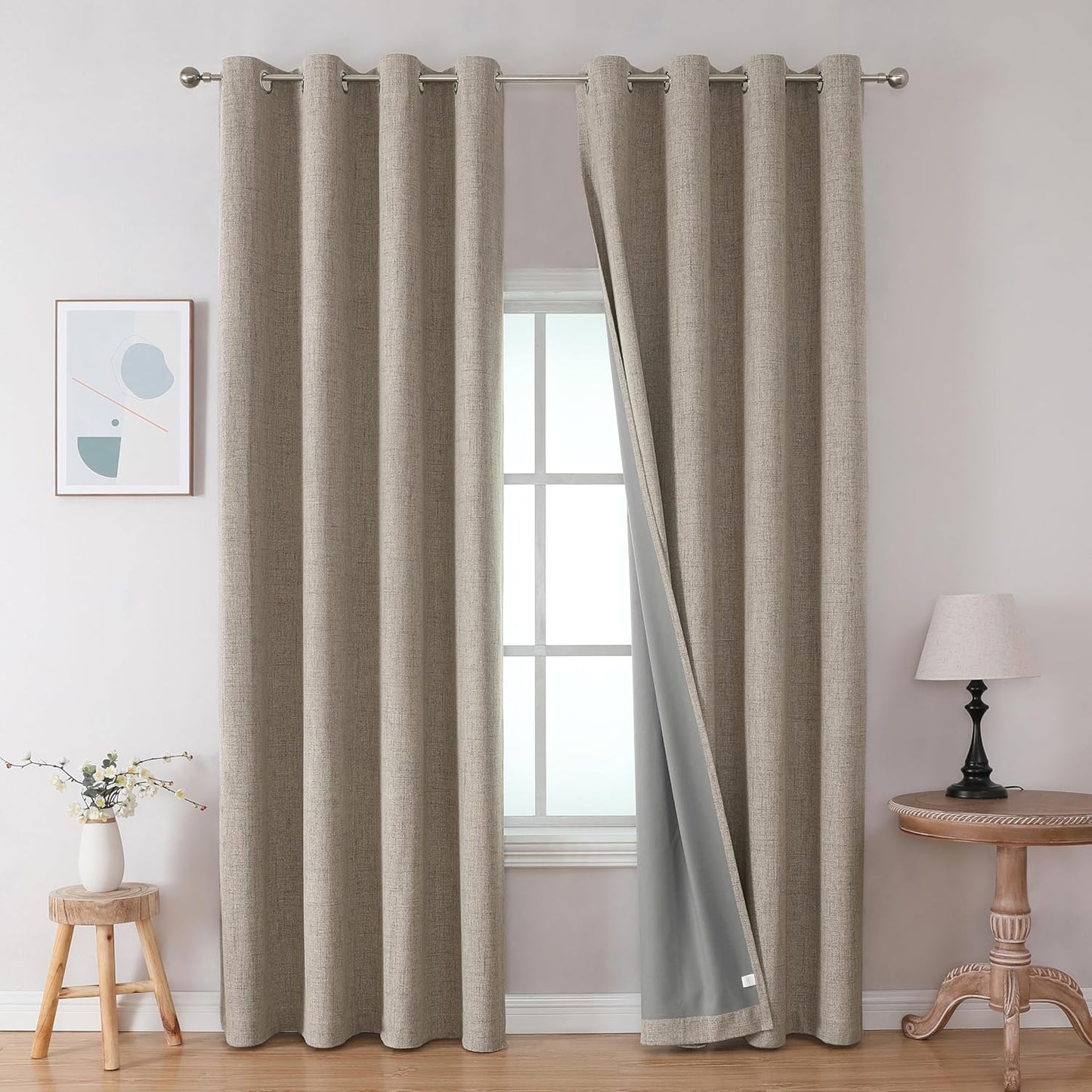Joydeco Blackout Curtains 63 Inches Long 2 Panels Burg, Room Darkening Curtains for Bedroom, 100% Black Out Textured Thermal Drapes Privacy Protection 2 Panels Set(W52 x L63 Inch, Linen)