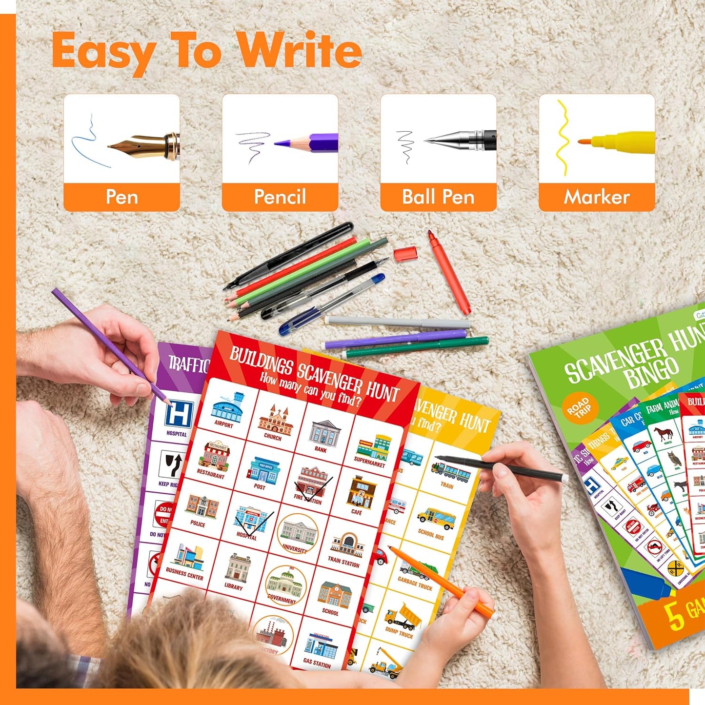 Road Trip Game Pad, 5 Games in 1 (Farm Animals, Car Colors, Buildings, Traffic Signs, Vehicles Scavenger Hunt Bingo), Pen Pencil Paper Game, Plane Trip/Car Travel/Getaway Activity Pad for Kid, Adult