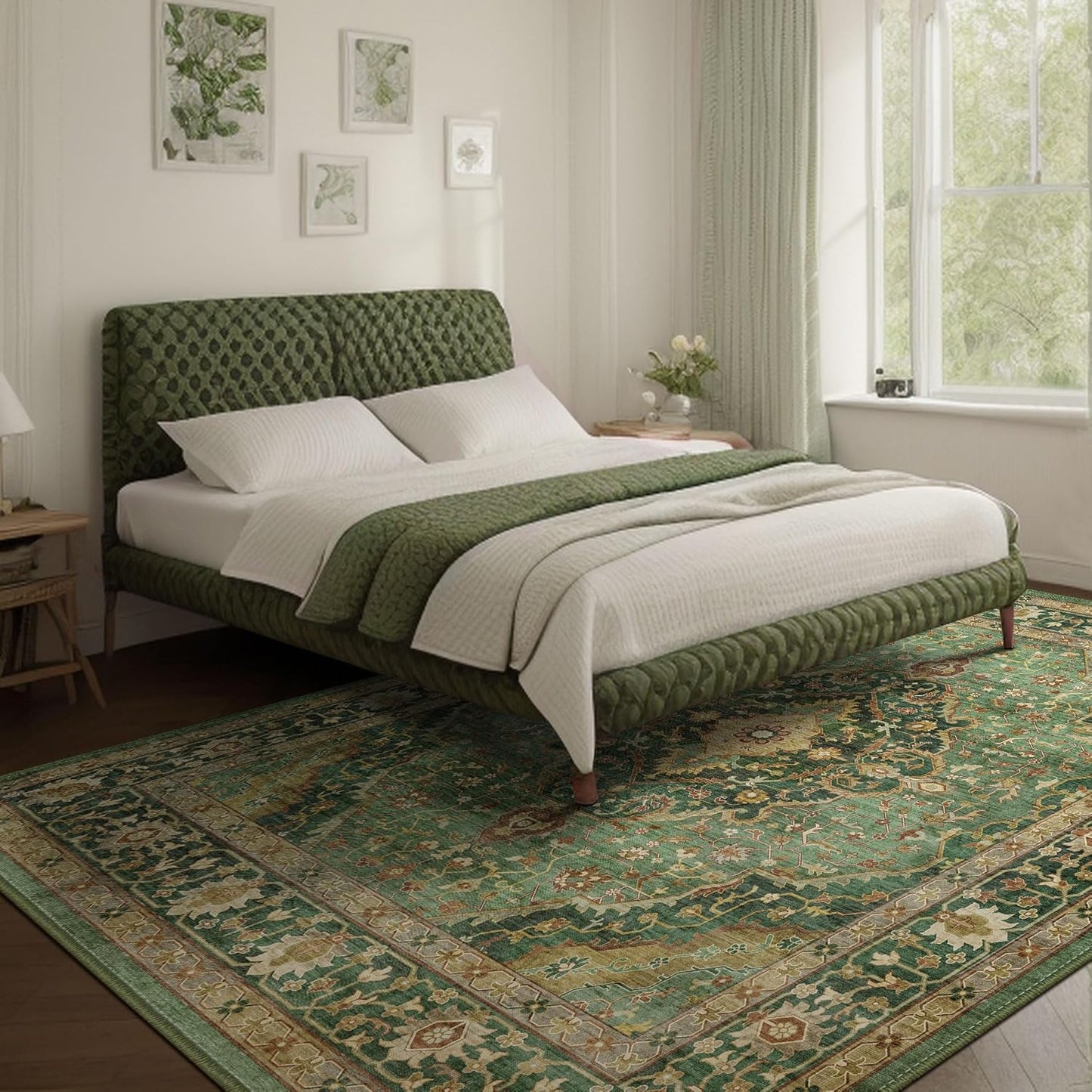 10x14 Rugs for Living Room Bedroom, Washable Green Area Rugs Non Slip Large Rug for Dining Room Office, Floor Decoration Vintage Boho Big Rug Carpet Low-Pile Kid & Pet Friendly