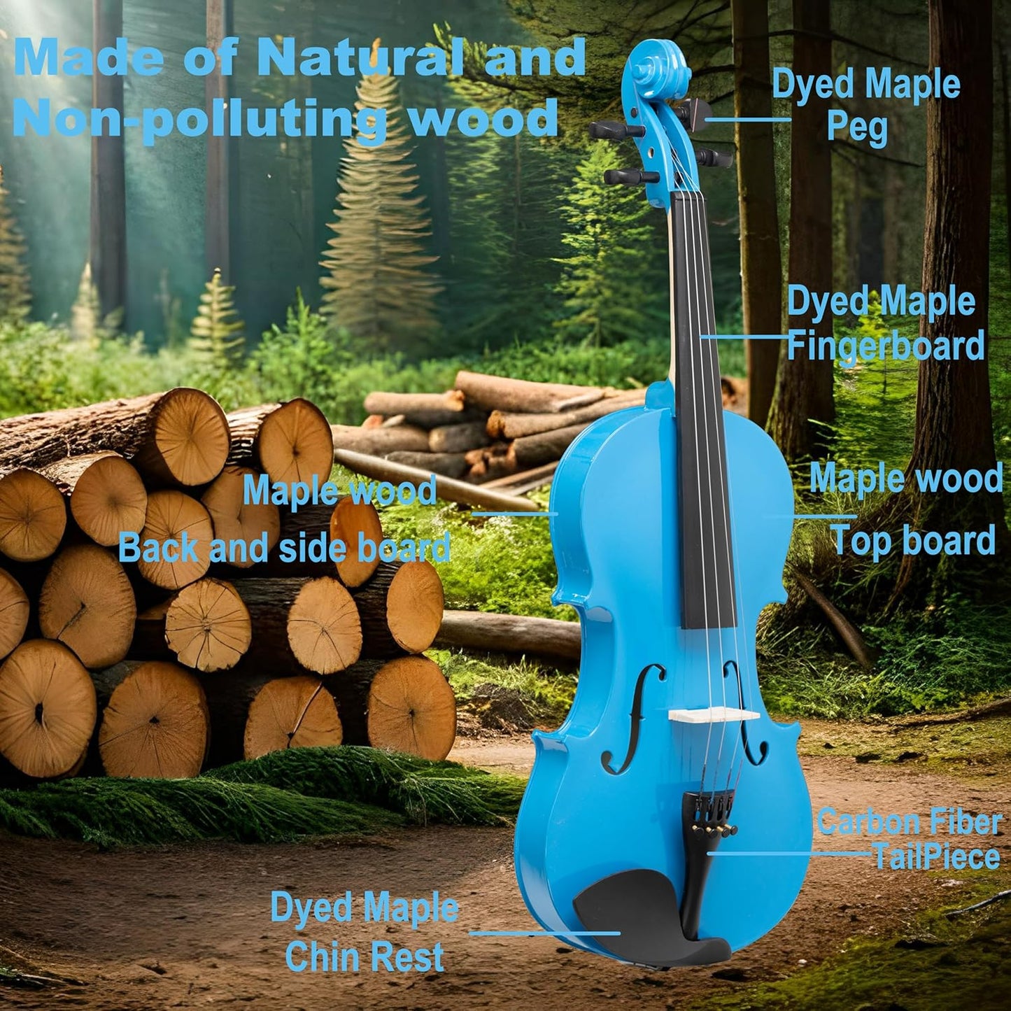 1/2 Fiddle Blue Colored Premium Violin Outfit for Beginners Adults Kids With 5 Color Fingering Tape- Handcrafted Student Beginner Violin. (Blue, 1/2)