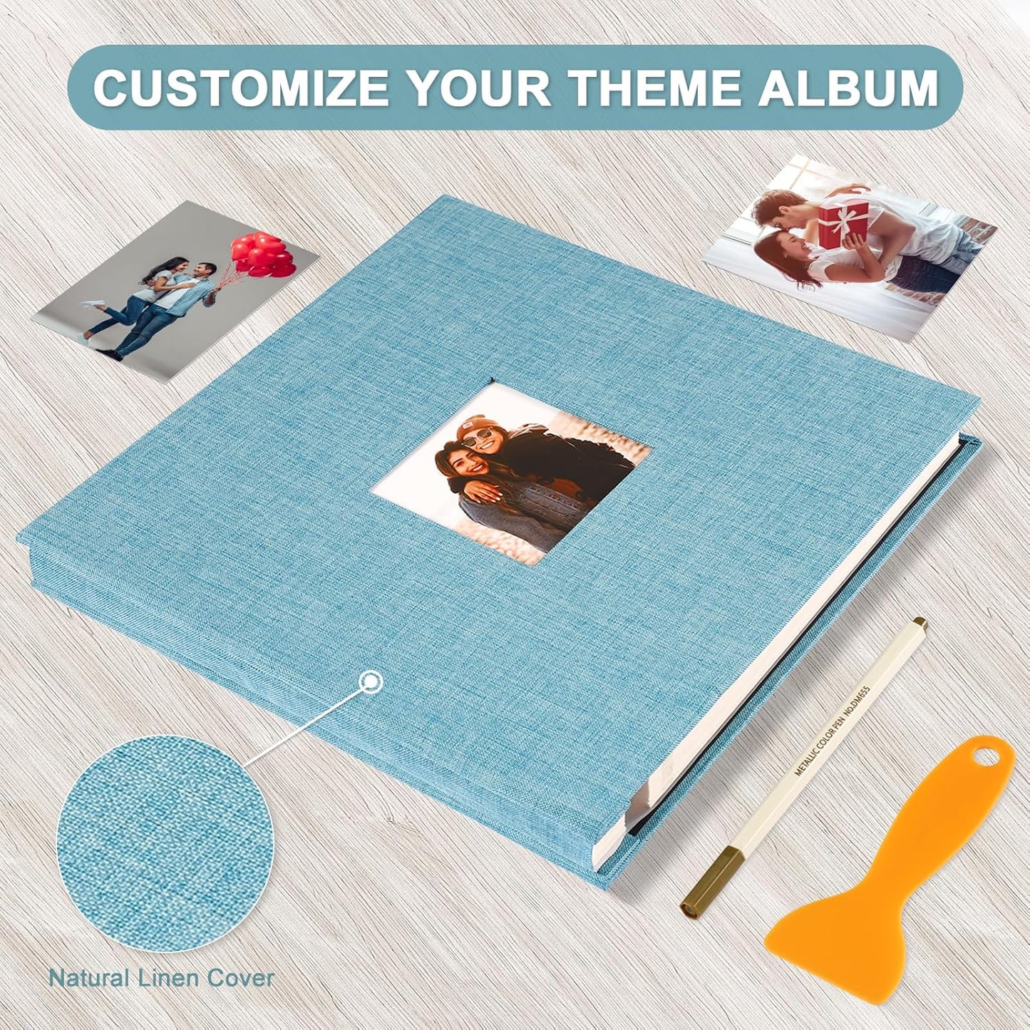 Photo Album Self Adhesive Pages Scrapbook Magnetic Photo Albums for 4x6 5x7 8x10 Pictures Sticky Pages Books for Baby Family Wedding 13.2x12.8 LightBlue 60 Pages