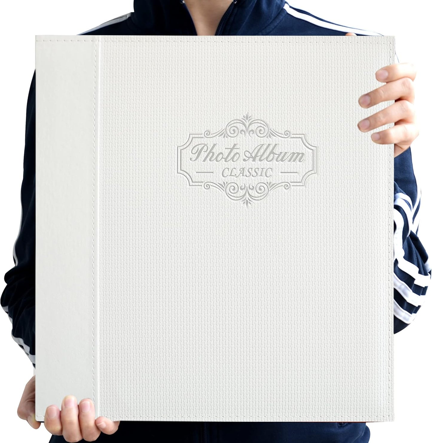 Photo Album Holds 3X5, 4X6, 5X7, 6X8, 8X10 Photos, Leather Cover, Magnetic Self-Stick Page, Hand Made DIY Albums (White, Large)