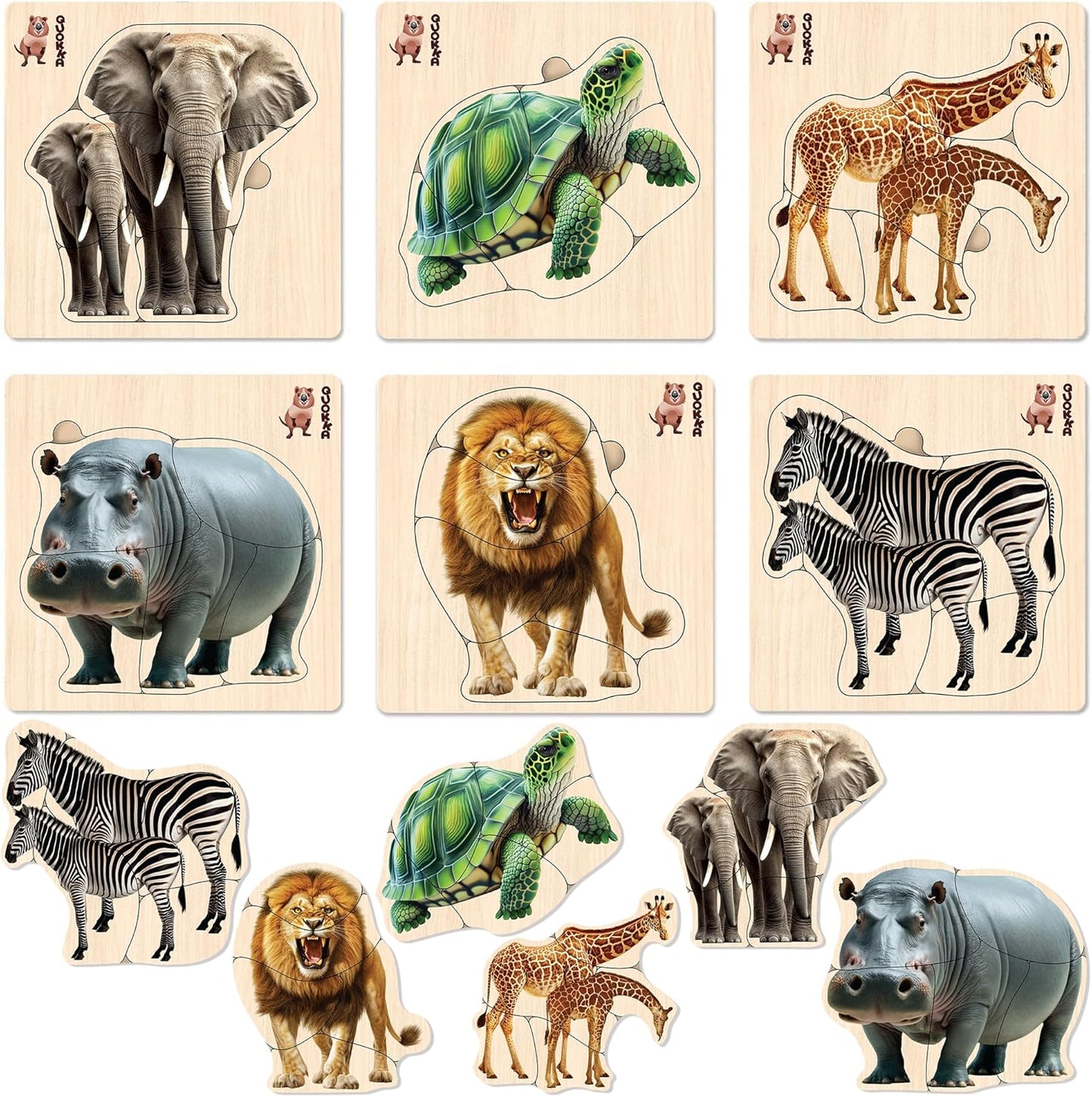 QUOKKA Realistic Wooden Puzzles for Toddlers 1-3 Year Old - 5,9 x5,9 Inches Kids Puzzles Ages 2-4 - Safari Montessori Toddler Toys - Motor Skills Games Gifts for Boys and Girls