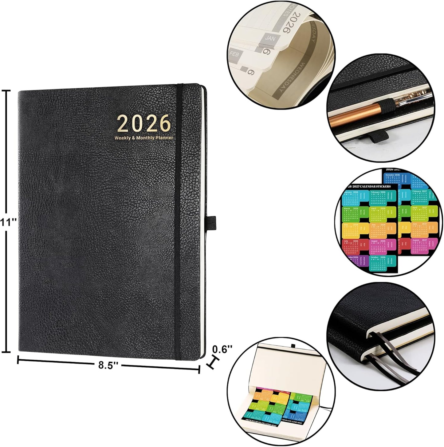 2026 Planner - JAN 2026 - DEC 2026, Planner Weekly and Monthly, Calendar Planner, 8.5" x 11", Leather Cover Planner with Thick Paper, Back Pocket with Notes Pages, Black