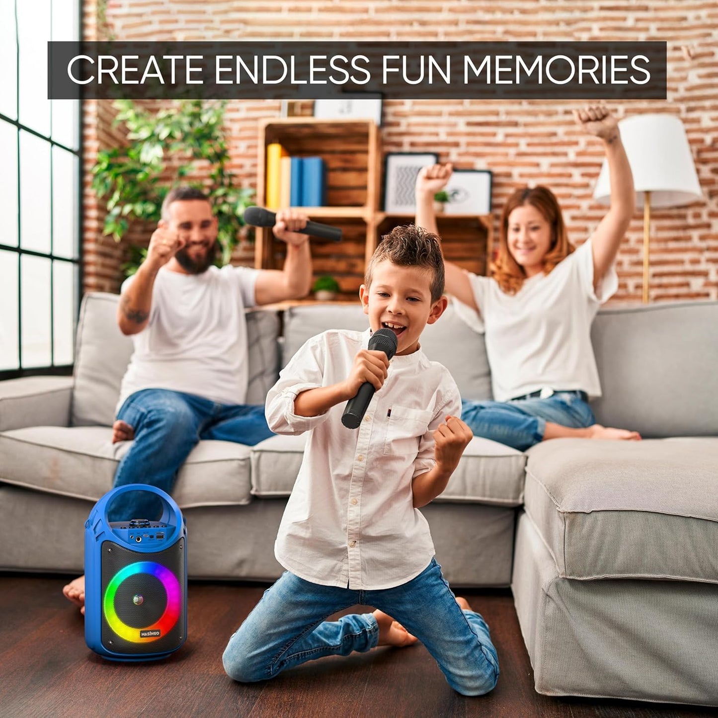MASINGO Karaoke Machine for Kids and Adults with 2 Wireless Bluetooth Microphones, PA Portable Speaker with Colorful LED Lights, Supports TF Card/USB, AUX/MIC in, TWS for Home Party, Burletta C10 V2