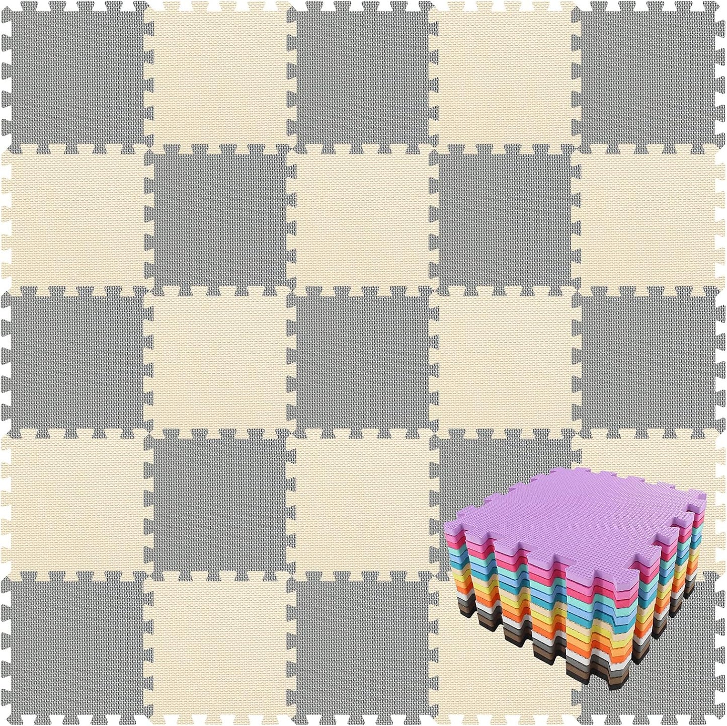 qqpp EVA Rubber 18 Tiles Interlocking Puzzle Foam Floor Mats - Baby Play Mat for Playing | Exercise Mat for Home Workout. Beige, Gray. QC-JLb18N
