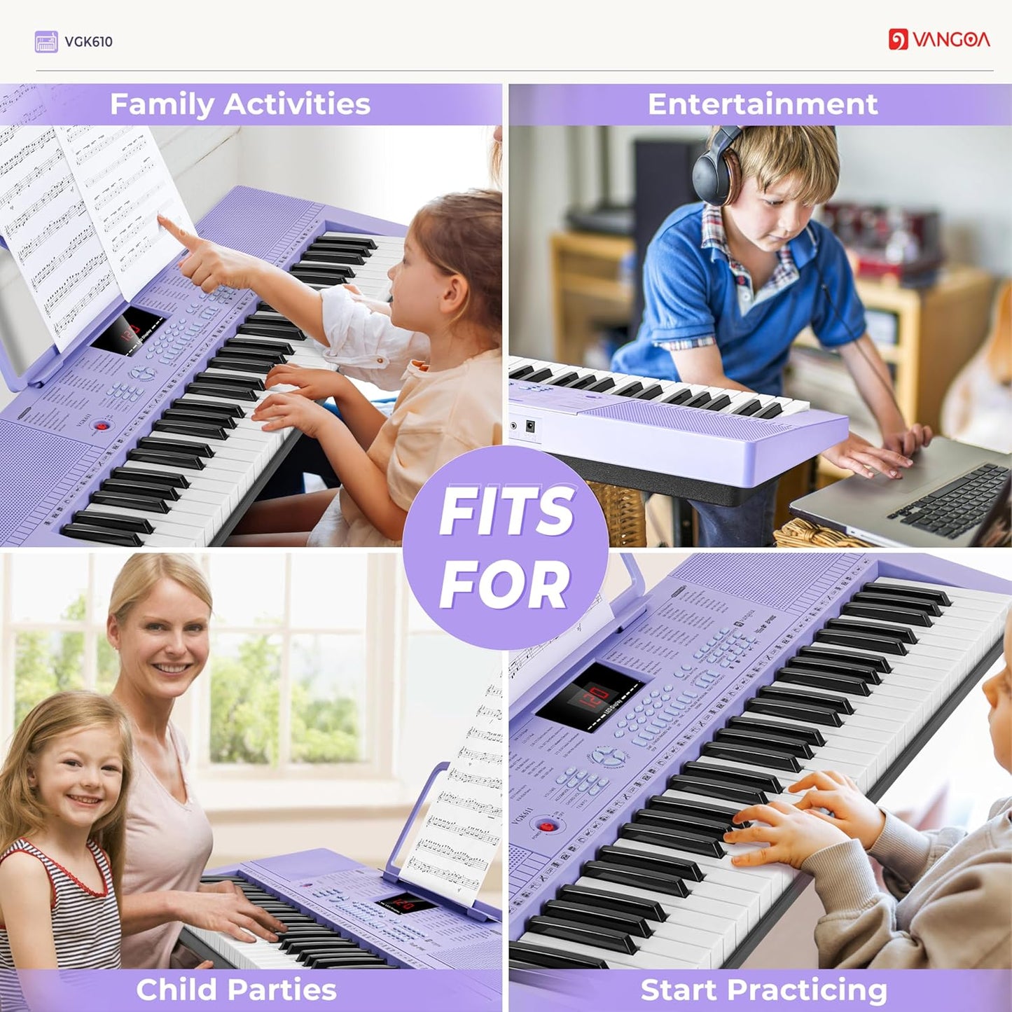 Vangoa VGK611 Piano Keyboard for Beginner, 61 Keys Electric Keyboard Piano Portable Music Keyboard with Mini Lighted Keys, Electronic Piano for Kids Boy Girl, Purple