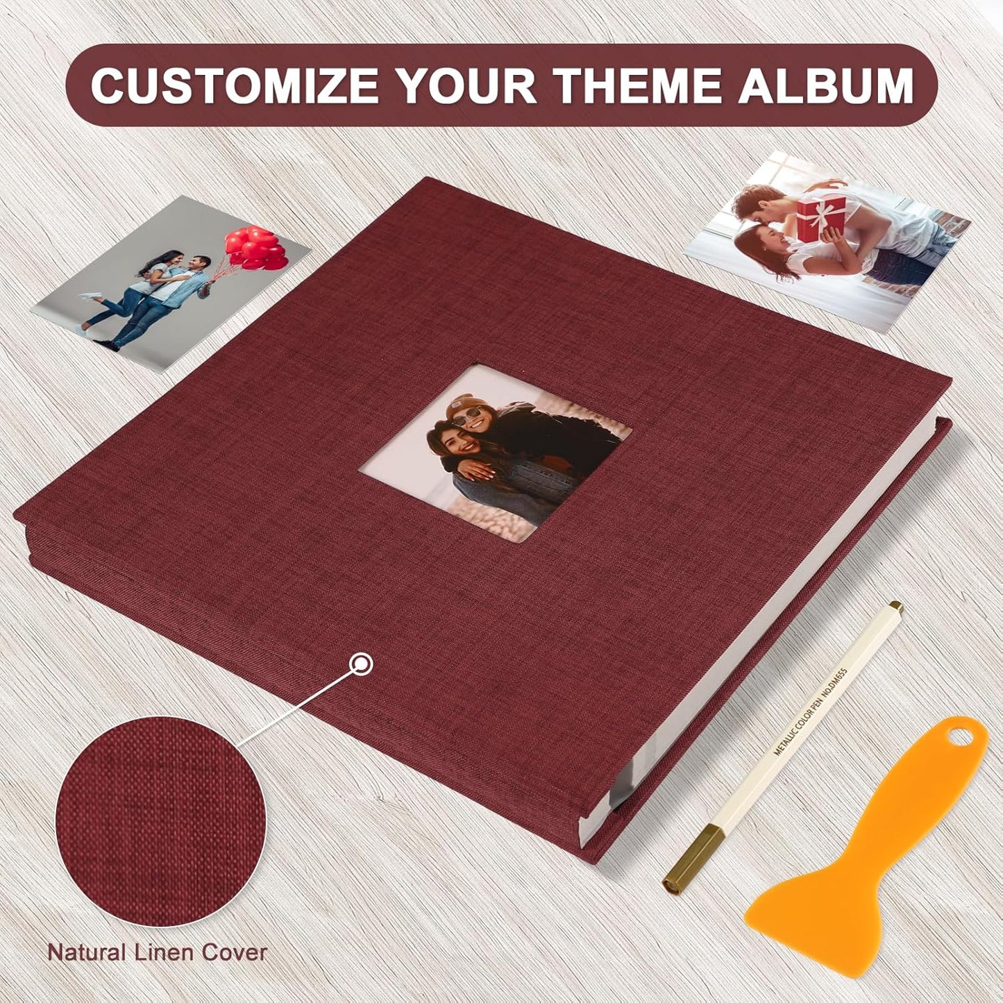 Photo Album Self Adhesive Pages Scrapbook Magnetic Photo Albums for 4x6 5x7 8x10 Pictures Sticky Pages Books for Baby Family Wedding 13.2x12.8 Red 60 Pages