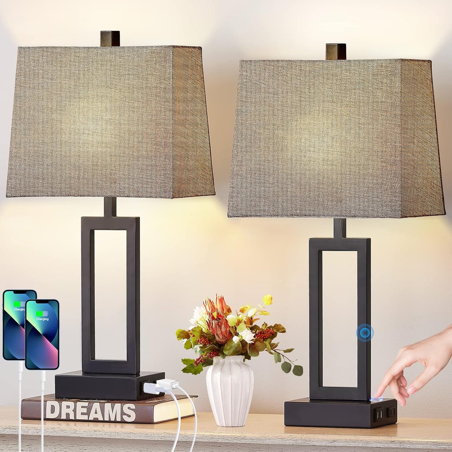 23.5" Touch Control Table Lamps Set of 2, Bedside Lamp with 2 USB Charging Ports & AC Outlet, 3-Way Dimmable Modern Nightstand Lamp for Living Room Bedroom End Table Office(2700K 2 LED Bulbs Included)