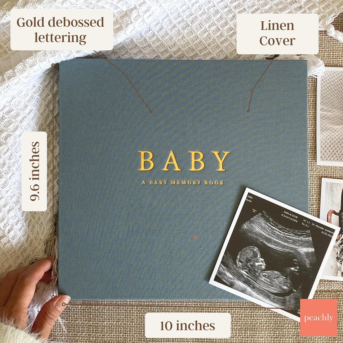 Peachly Baby Boy Memory Book - Baby Book for Boy - Baby First Year Keepsake Journal - Simple Scrapbook for Milestones - Finn (Blue)