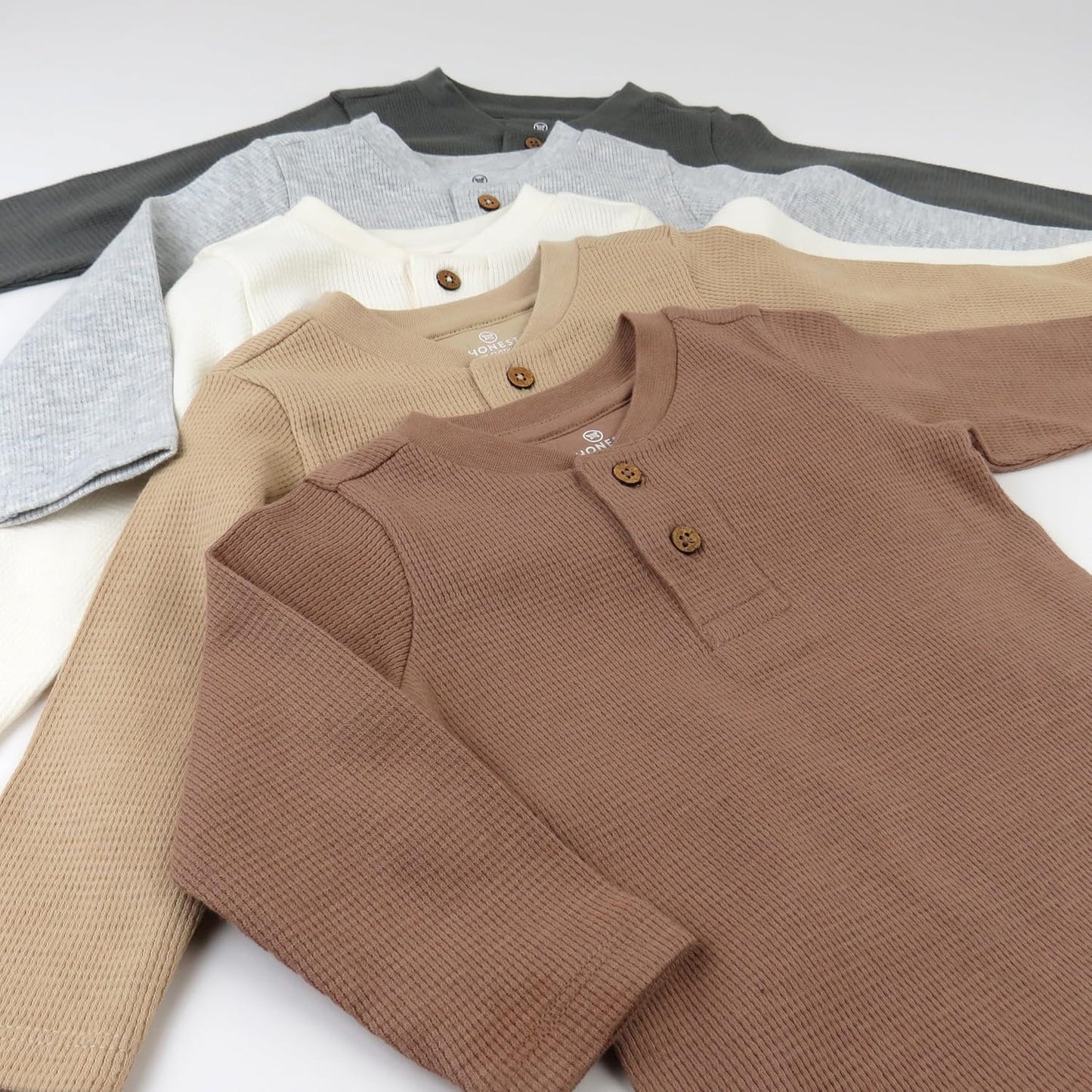 HonestBaby 5-pack Waffle Henley Long Sleeve Shirts 100% Organic Cotton for Infant Baby and Toddler Boys, Unisex