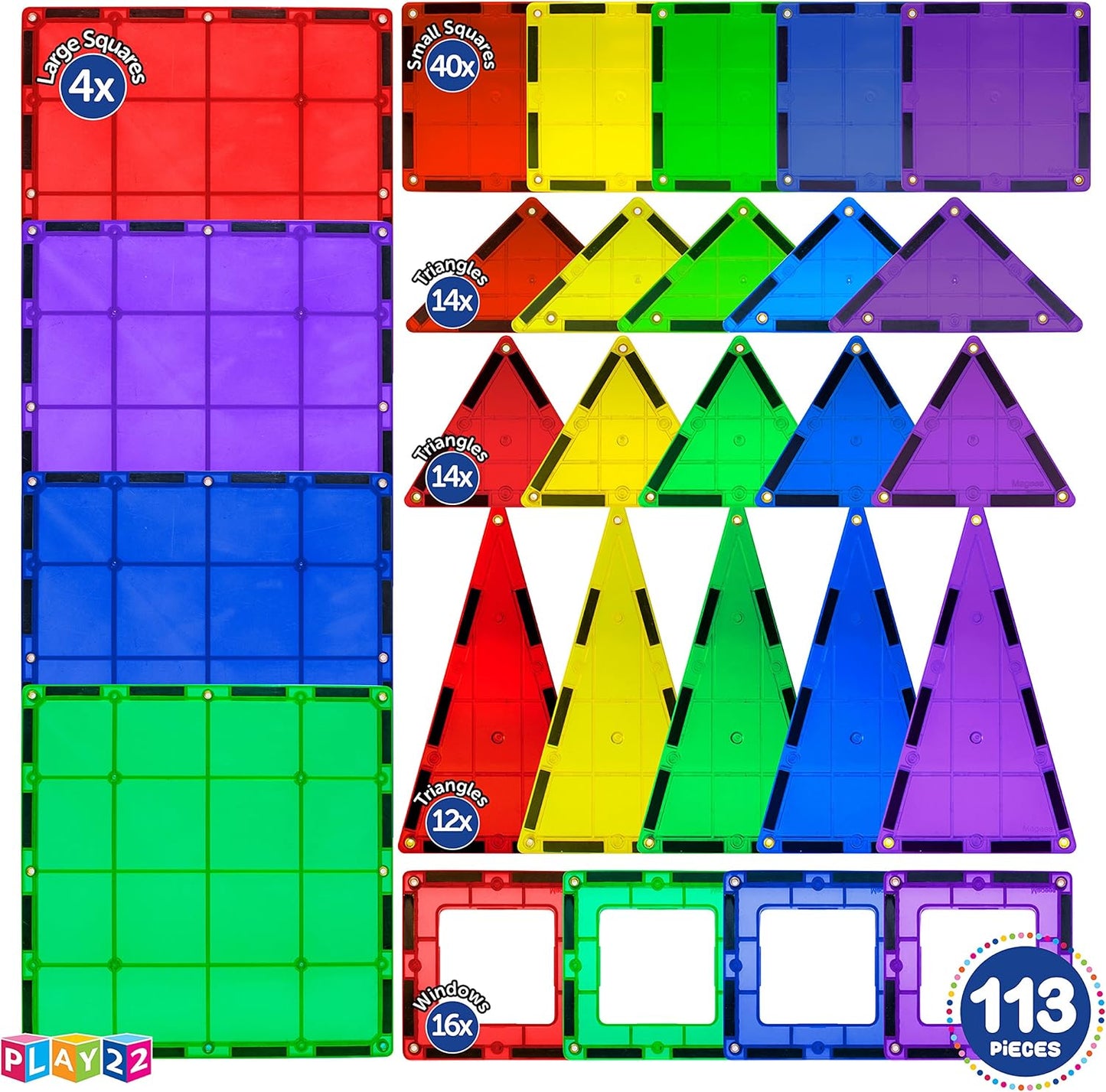 Magnetic Tiles Building Blocks - 113pcs Advanced Set - STEM Toys for 3+ Year Old Boys and Girls -Strongest Magnets - Includes 13 Piece Insert Alphabet Cards - Learning by Playing
