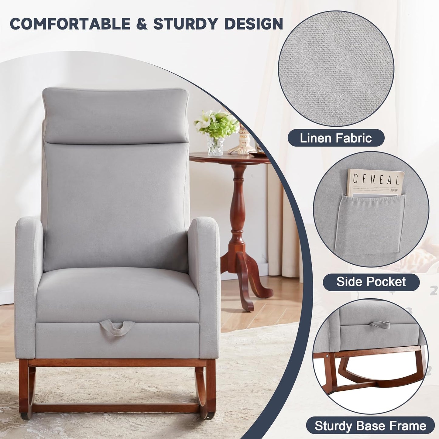 Nursery Rocking Chairs with High Back, Rocking Chair Nursery Chair with Foot Rest, Baby Nursery Glider Rocker, Nursing Chair, Glider Rocking Chair Accent Living Room (Linen Grey)