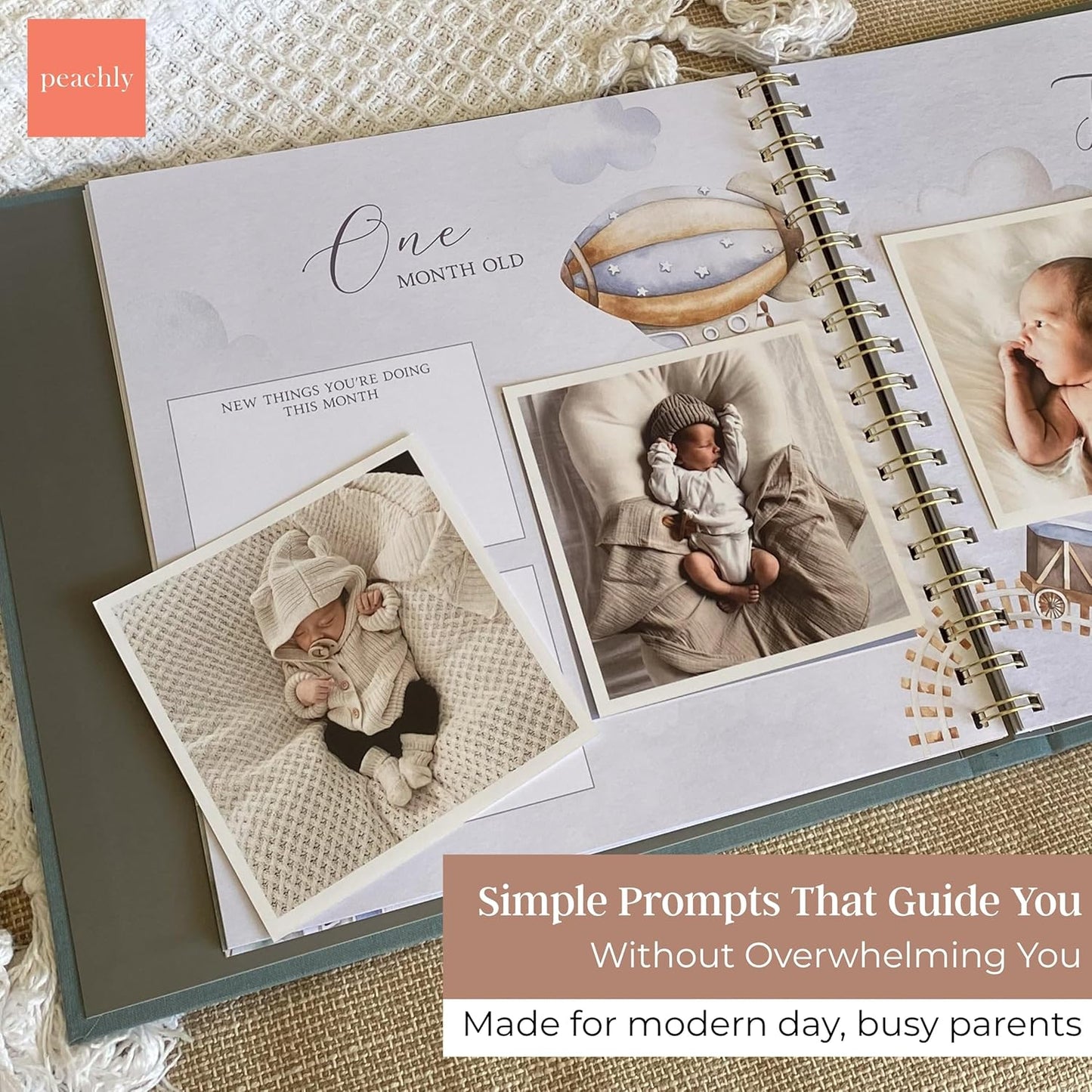 Peachly Baby Boy Memory Book - Baby Book for Boy - Baby First Year Keepsake Journal - Simple Scrapbook for Milestones - Finn (Blue)