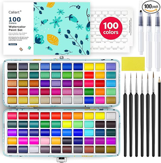 100 Colors Watercolor Paint Set with 4 Brushes, Portable Travel Water Color Kit with Carrying Case, Palette and Accessories, Non-Toxic Art Supplies Gift for Artists Adult Teen Kids Girls