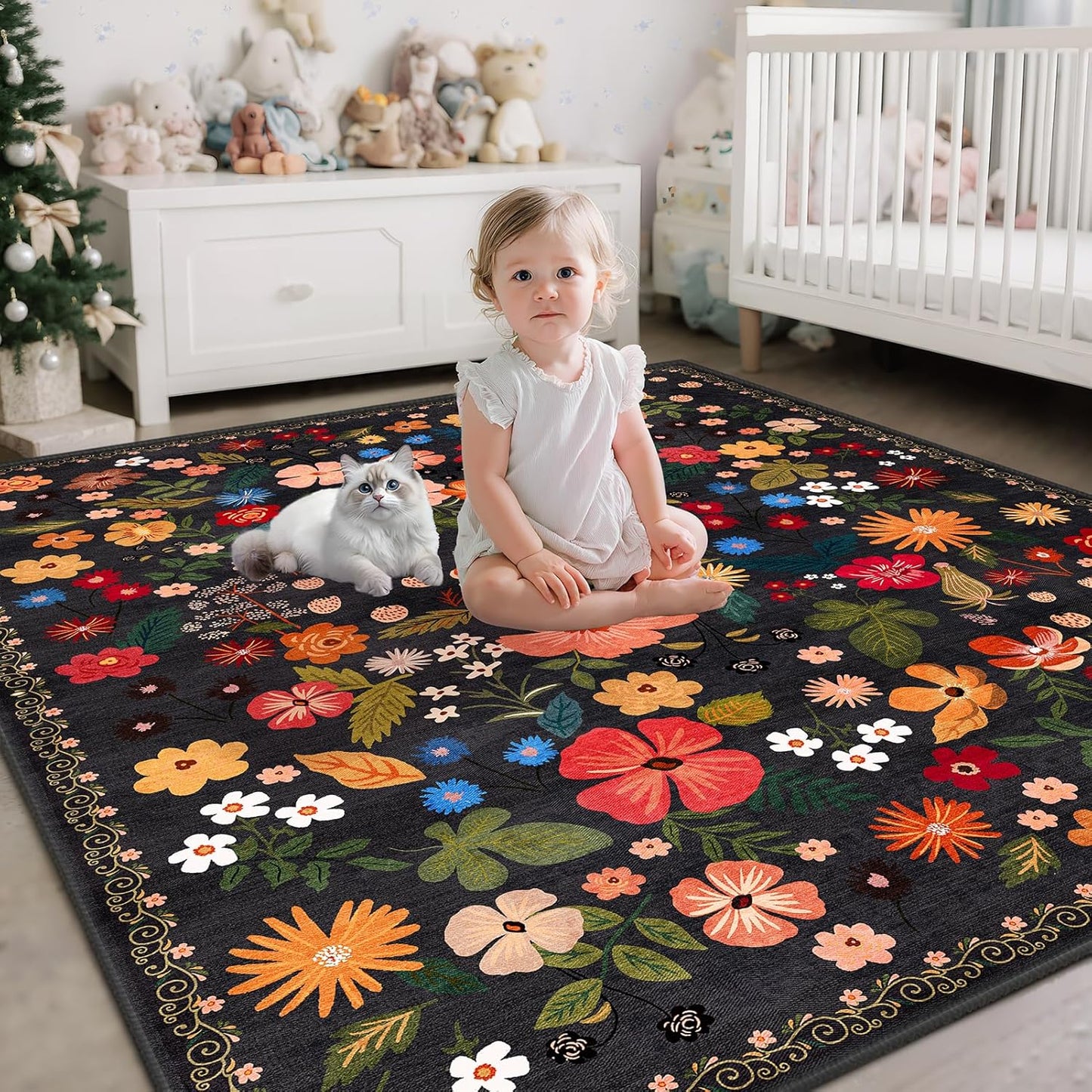 Black Area Rug 5x7 for Bedroom Washable Boho Farmhouse Floral Rugs for Living Room Vintage Aesthetic Stain Resistant Non-Slip Soft Low Pile Thin Floor Carpet for Living Room Dining Room Nursery