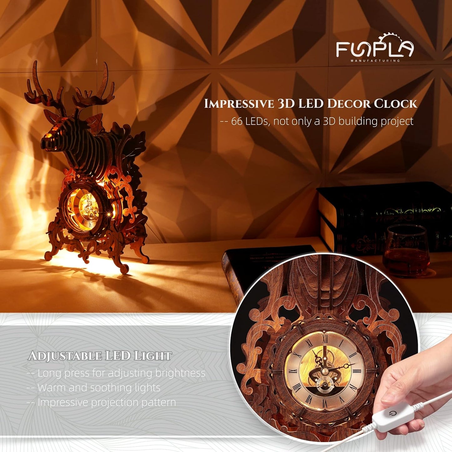 LED 3D Wood Puzzle Deer Clock, 3D Wooden Puzzle Elk Clock Building Model, Home Décor 3D Wooden Puzzle for Adults/Teens Christmas Gift(Wood, Yellow Light)