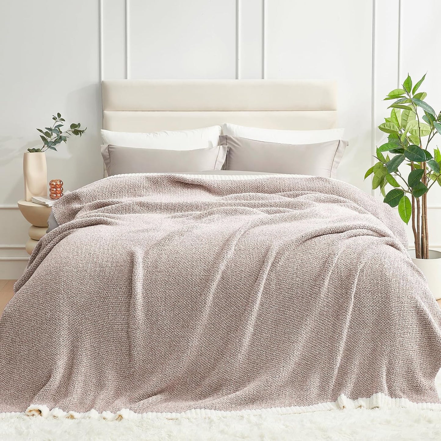 Snuggle Sac Queen Size Bedding Blanket Taupe,Super Soft Warm Microfiber Blankets Cozy Knit Fuzzy Plush Bed Blankets,Heather Taupe, 90x90 inches