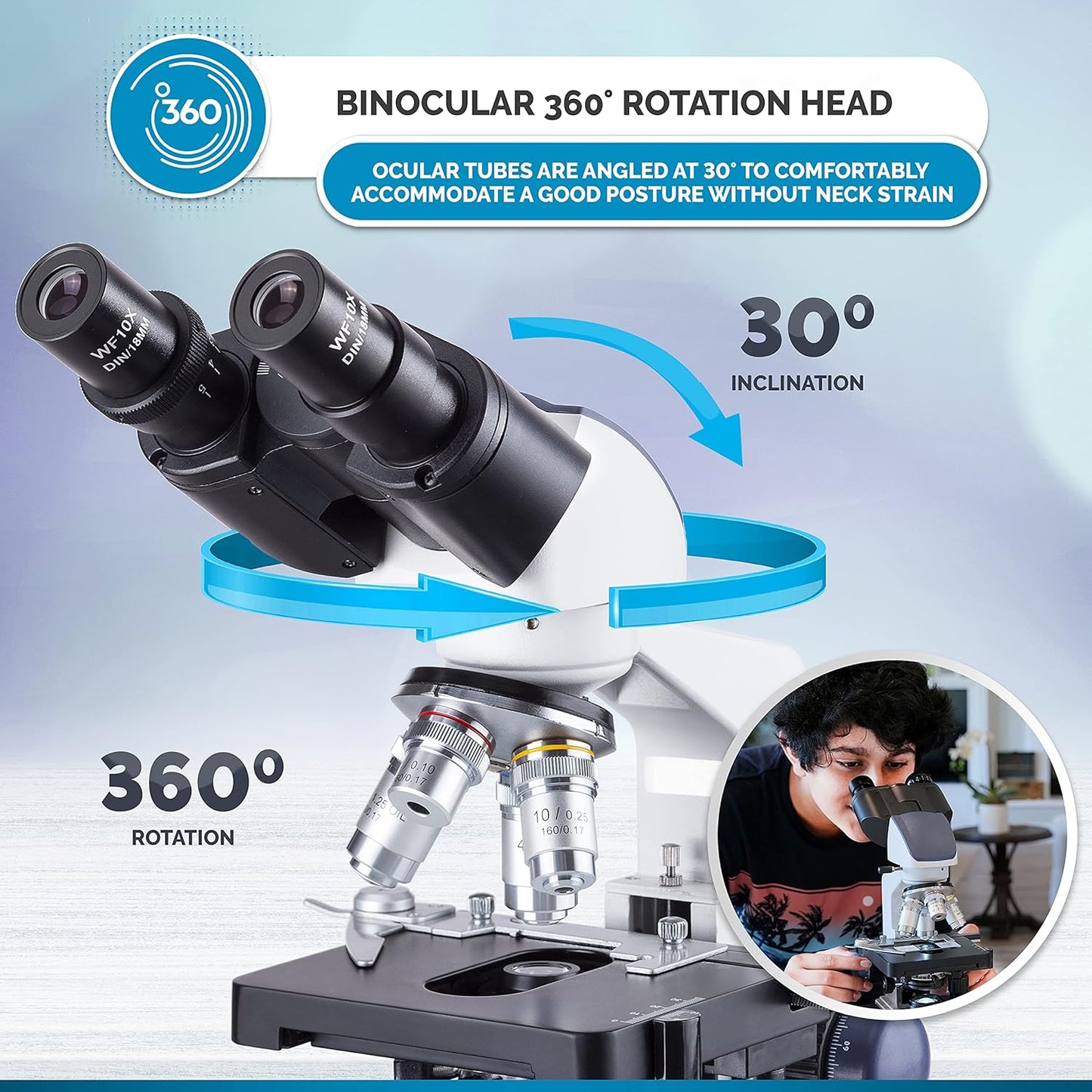 AmScope B120C-WM-BS Siedentopf Binocular Compound Microscope, 40X-2500X Magnification, Brightfield, LED Illumination, Abbe Condenser, Double-Layer Mechanical Stage, Includes Book, 50 Blank Slides, and 100 Coverslips