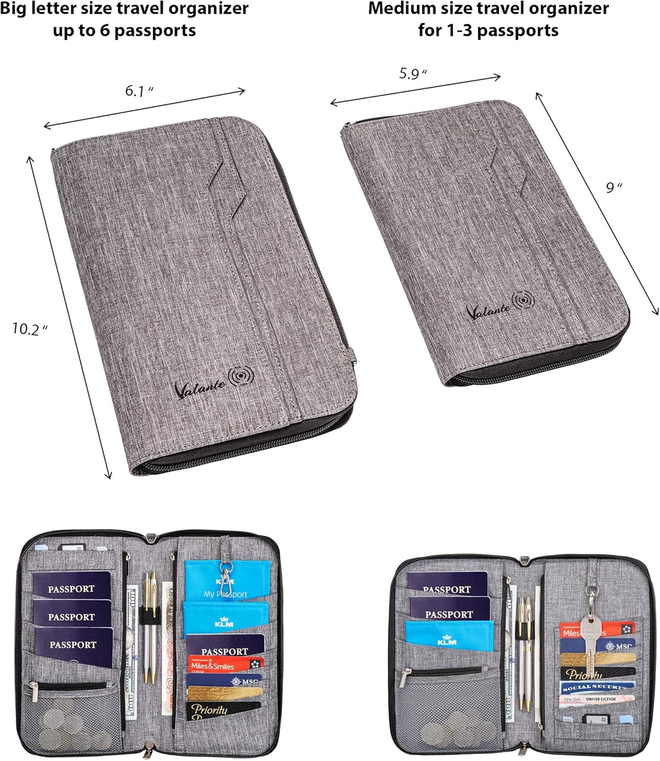 Valante Premium Family Travel Document Organizer Capacious RFID Passport Holder Wallet (Large, gray)