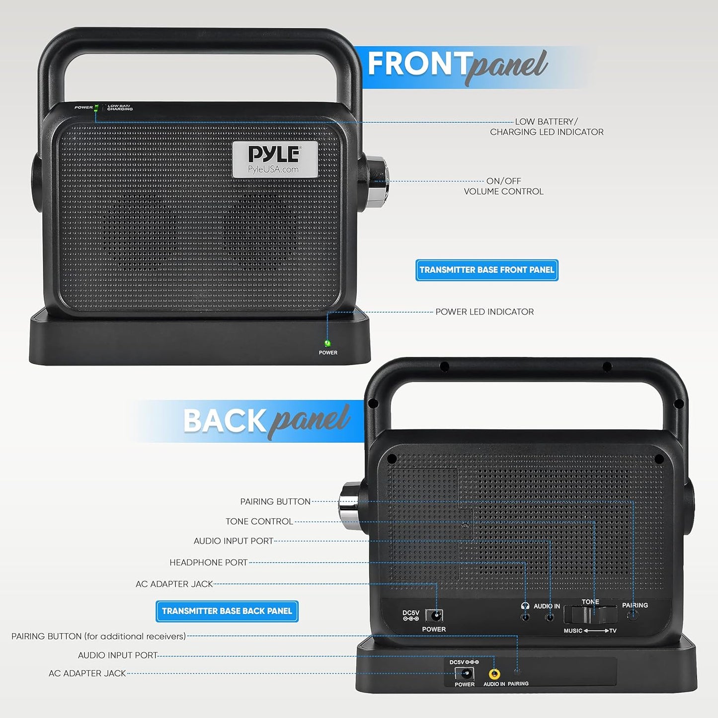 Pyle Wireless Portable Speaker Soundbox - 2.4ghz Full Range Stereo Sound Digital TV MP3 iPod Analog Cable w/ Headset Jack Voice Enhancing Audio Hearing Assistance - PTVSP18BK