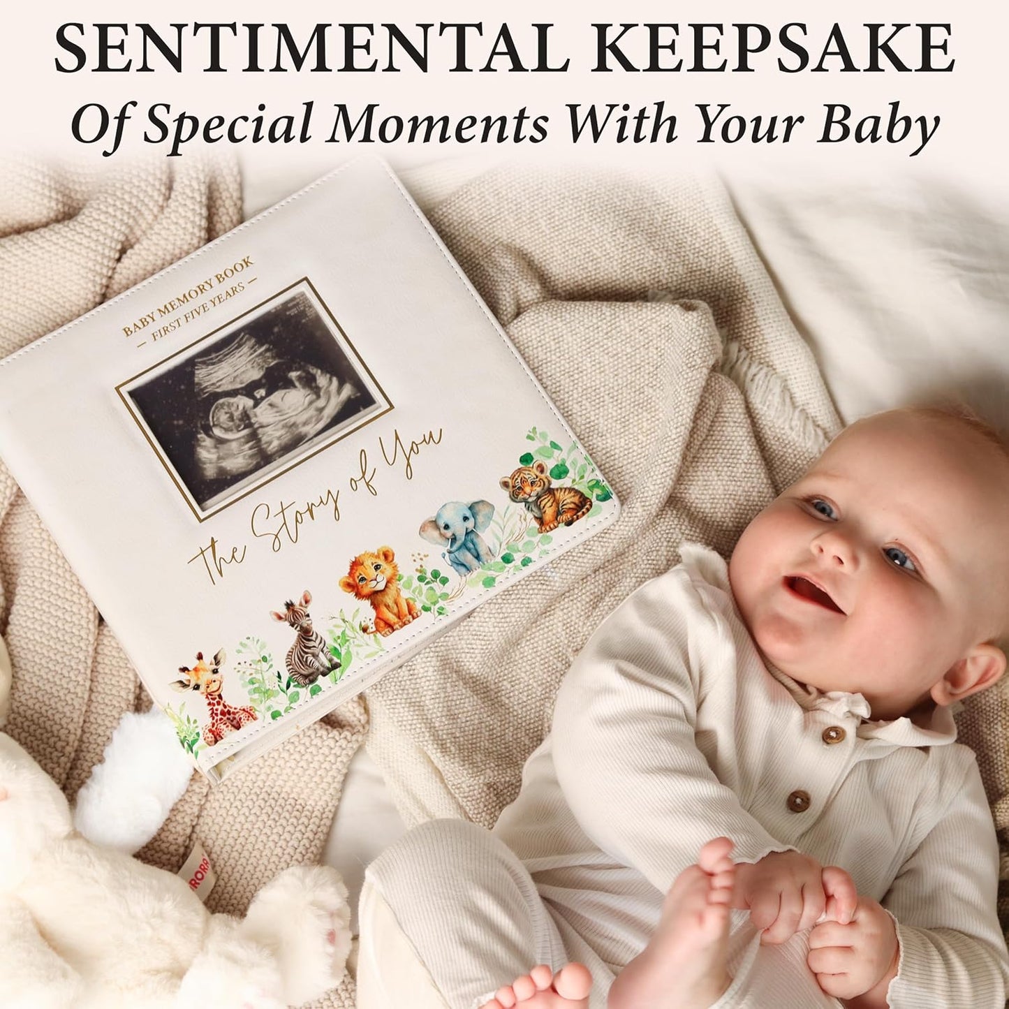 Baby Book Keepsake - Timeless Baby Memory Book for Boy or Girl I First 5 Year I Faux Leather, Gender Neutral, Safari Theme w/Gold Foil Stamp - Baby First Year Book Journal Scrapbook Photo Album Shower